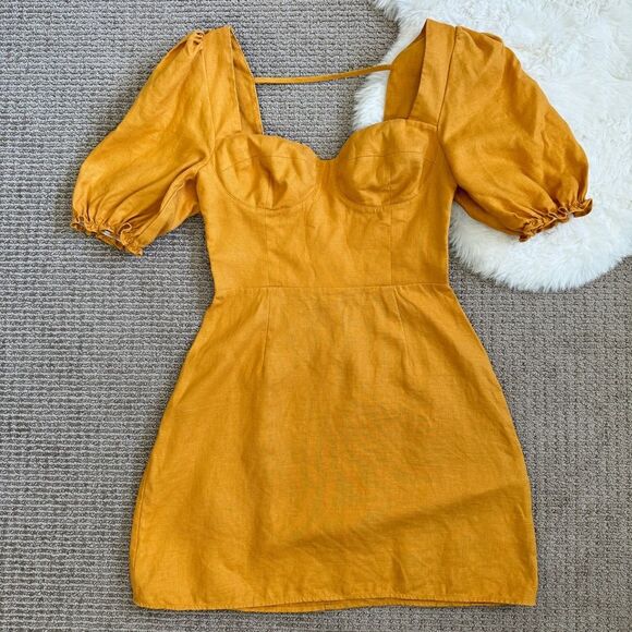 Reformation Spring Bow Linen Dress 2 - Mustard Yellow / Orchid - Picture 4 of 8